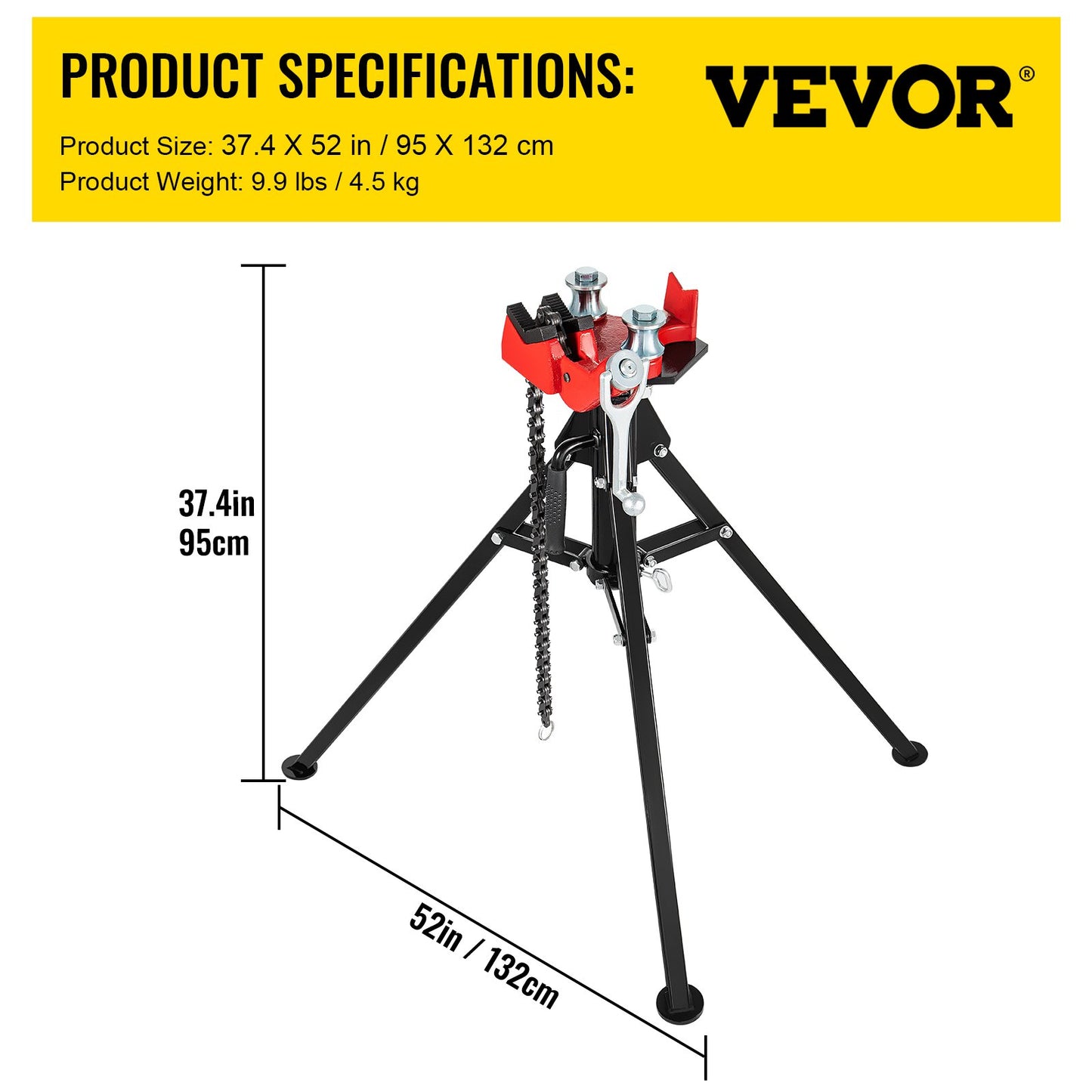 Tripod Pipe Chain Vise, 1/8\"-5\" Pipe Capacity, 36.4“ Length Chain Vise Stand with Portable Folding Steel Legs, for Grabbing, Supporting and Bending Pipes in Factory, Workshop and Home