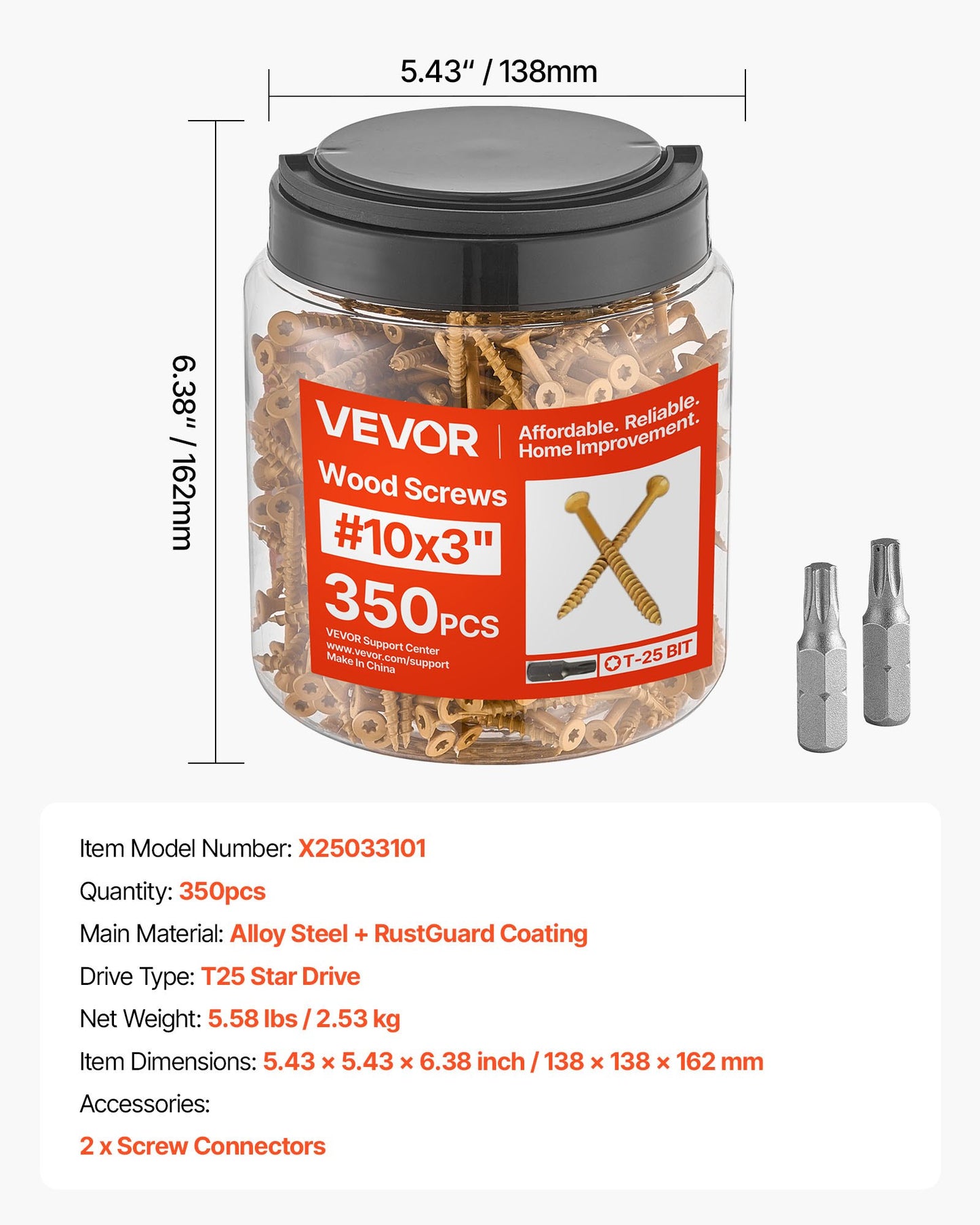 Wood Screws 350 PCS, #10 x 3-Inch Anti-Rust Coated, Exterior Deck Screw Torx/T25 Star Drive, Metal Rust-Resistant Outdoor Decking Screws with 2 Screw Connectors, for Decking Fencing Framing