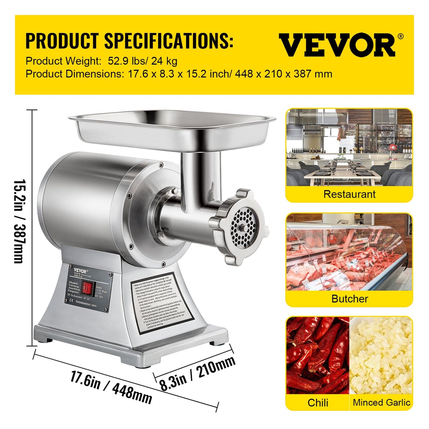 Commercial Stainless Steel 450lbs Meat Grinder Blade Plate Sausage Stuffer FDA