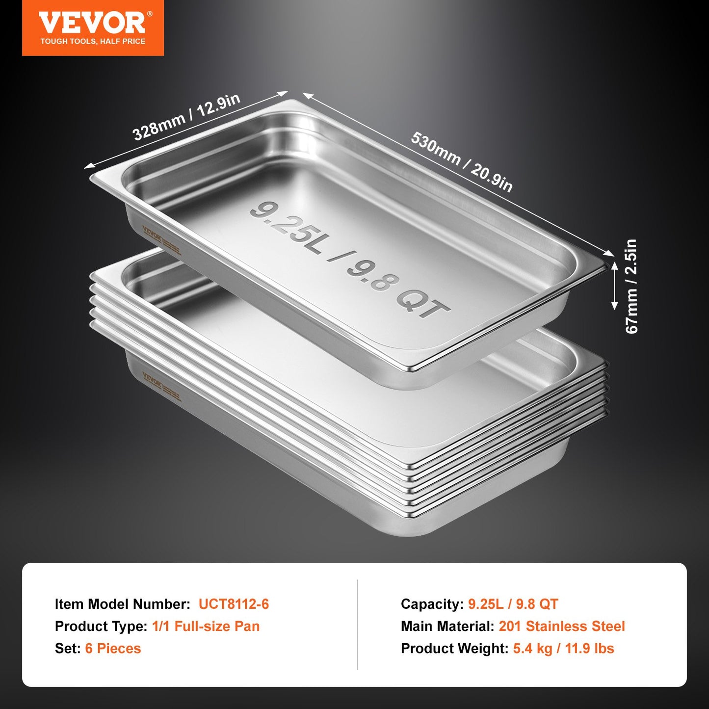 6 Pack Hotel Pans, Full Size Anti-Jam Steam Pan, 0.8mm Thick Stainless Steel Restaurant Steam Table Pan, 2.5-Inch Deep Commercial Table Pan, Catering Storage Food Pan, for Industrial & Scientifi