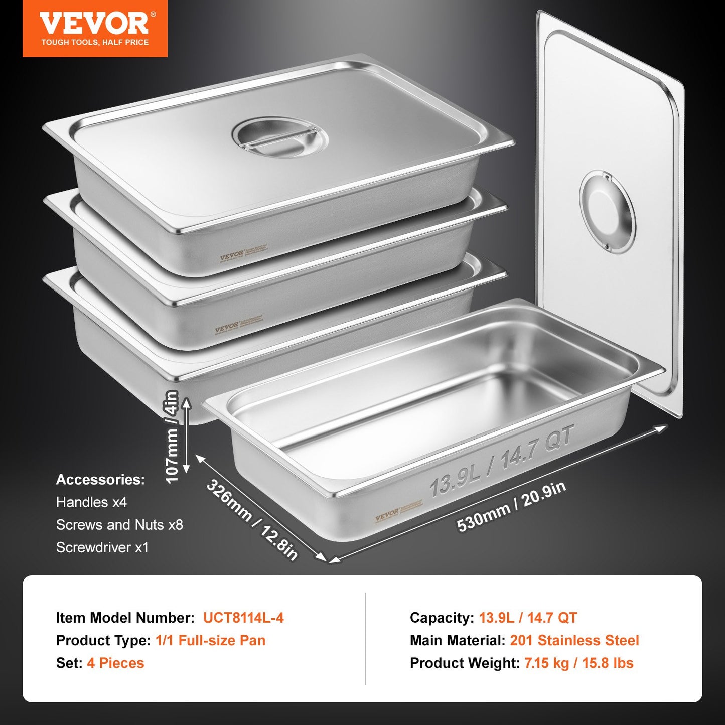4 Pack Hotel Pans, Full Size Anti-Jam Steam Pan with Lid, 0.8mm Thick Stainless Steel Steam Table Pan, 4-Inch Deep Commercial Table Pan, Catering Storage Food Pan, for Industrial & Scientific