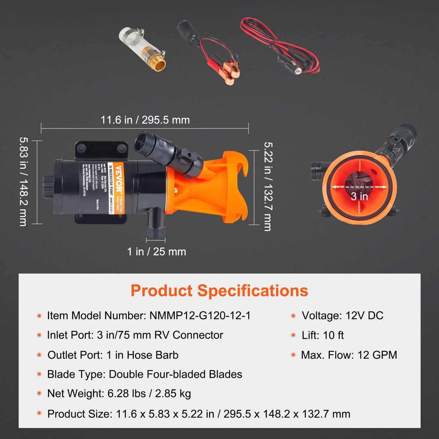 RV Portable Macerator Pump, 12V, 12GMP Quick Release RV Waste Pump, RV Sewage Sewer Pump with Detachable Quick Connection Valve Metal Hose Clamp Power Cord, for RV Boat Marine Motorhome Camper