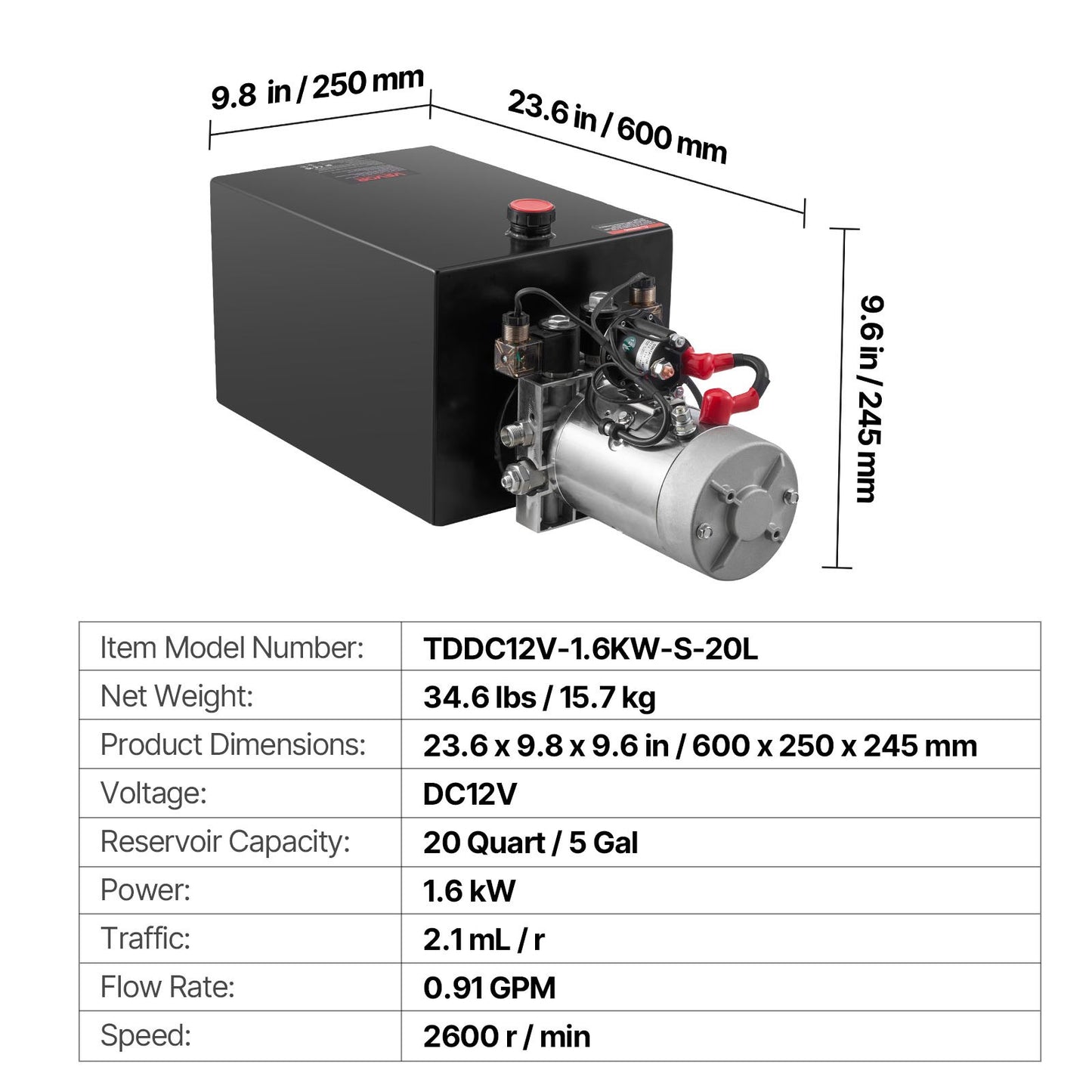 20 Quart Hydraulic Power Unit, Double Acting Dump Trailer Pump, 3200 PSI Max Relief Pressure & 0.91 GPM Flow Rate, DC 12V Hydraulic Pump with Metal Reservoir for Dump Trailer Car Lifting