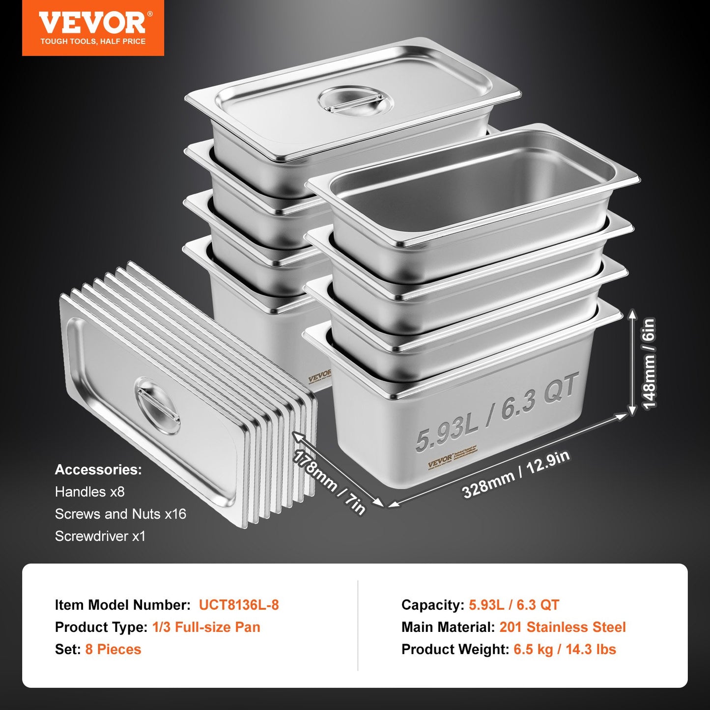 8 Pack Hotel Pans, 1/3 Size Anti-Jam Steam Pan with Lid, 0.8mm Thick Stainless Steel Steam Table Pan, 6-Inch Deep Commercial Table Pan, Catering Storage Food Pan, for Industrial & Scientific
