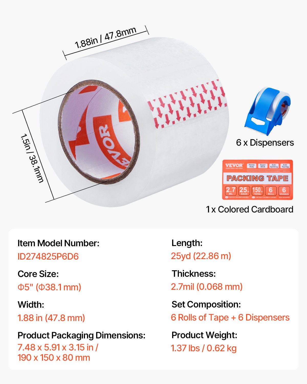 Clear Packing Tape, 1.5 inches Core, 6 Rolls 1.88 Inches x 25 Yards Packing Tape with Dispenser, 2.7 Mil Heavy Duty Packaging Tape Designed for Moving, Storage and Packing, Shipping and Mailing