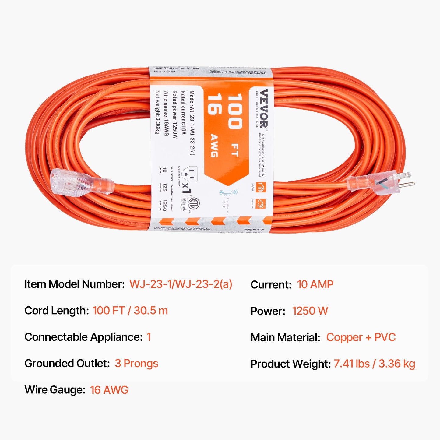 100FT Indoor Outdoor Extension Cord, 16AWG 10Amps 1250W, 3 Prongs Appliance Electric Cord with Lighted End, Flexible & -40°C Cold-Resistant for Office Home Use, ETL Listed
