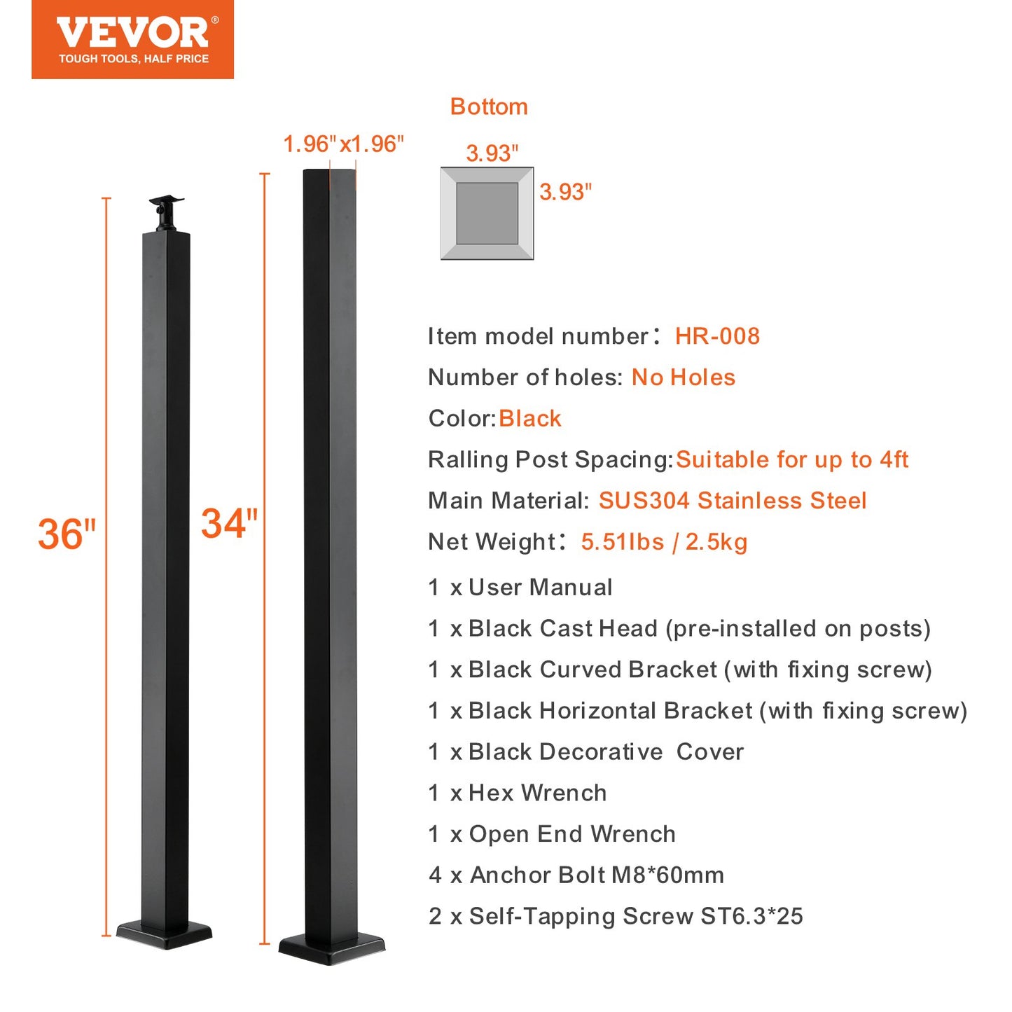 Cable Support Post, 36" Height, 2" Width, Steel Construction, No Pre-drilled Holes, Made of Durable SUS304 Stainless Steel, Includes Horizontal and Curved Brackets for Deck and Stair Handrail