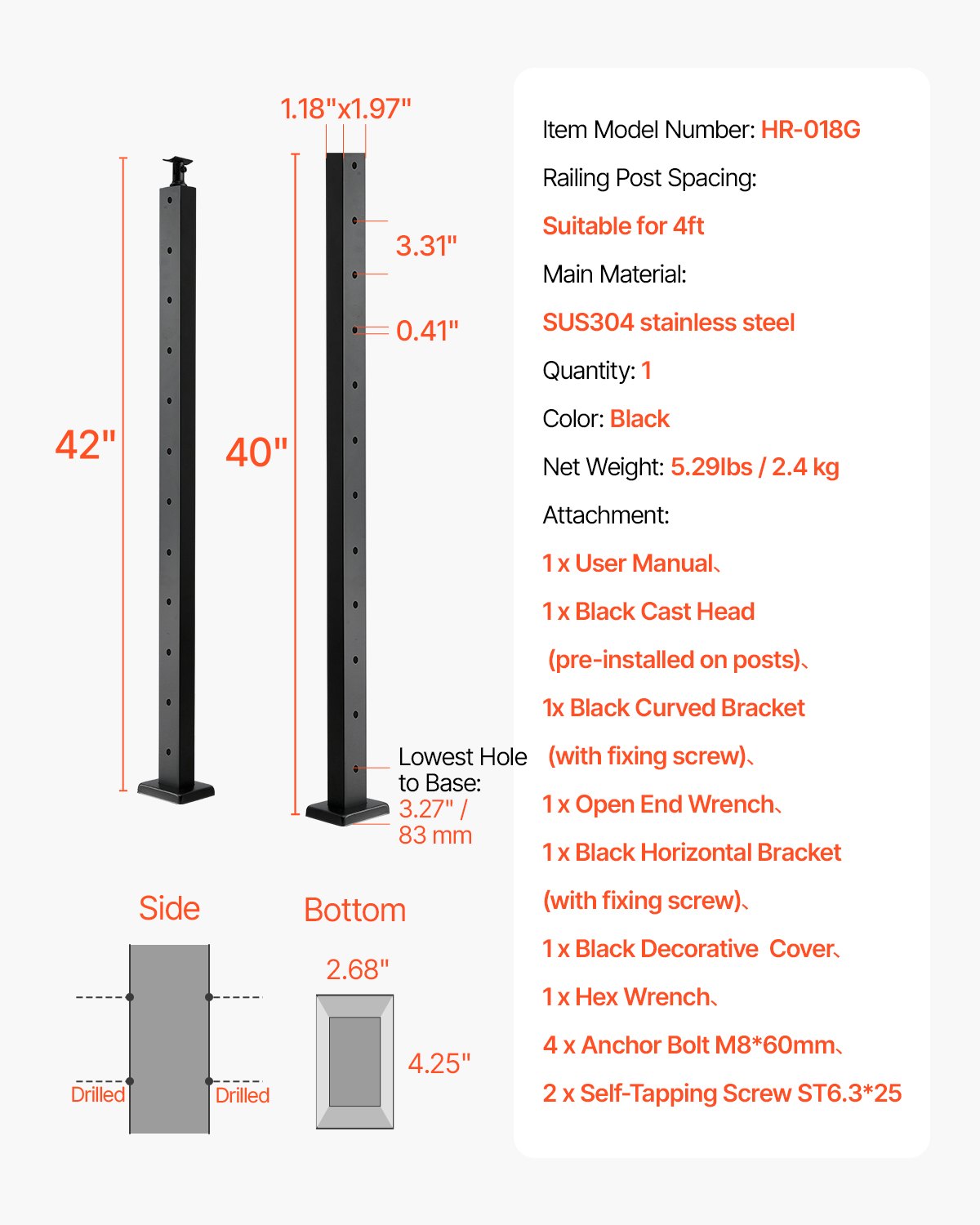 Cable Railing Post, 42x1x2 Inch Level Deck Stair Posts, 1-Pack Stainless Steel Cable Handrail Post, Pre-Drilled Pickets with Mounting Bracket Stair Railing Kit, Black, 1JZLGZXHS1063GGTD001V0