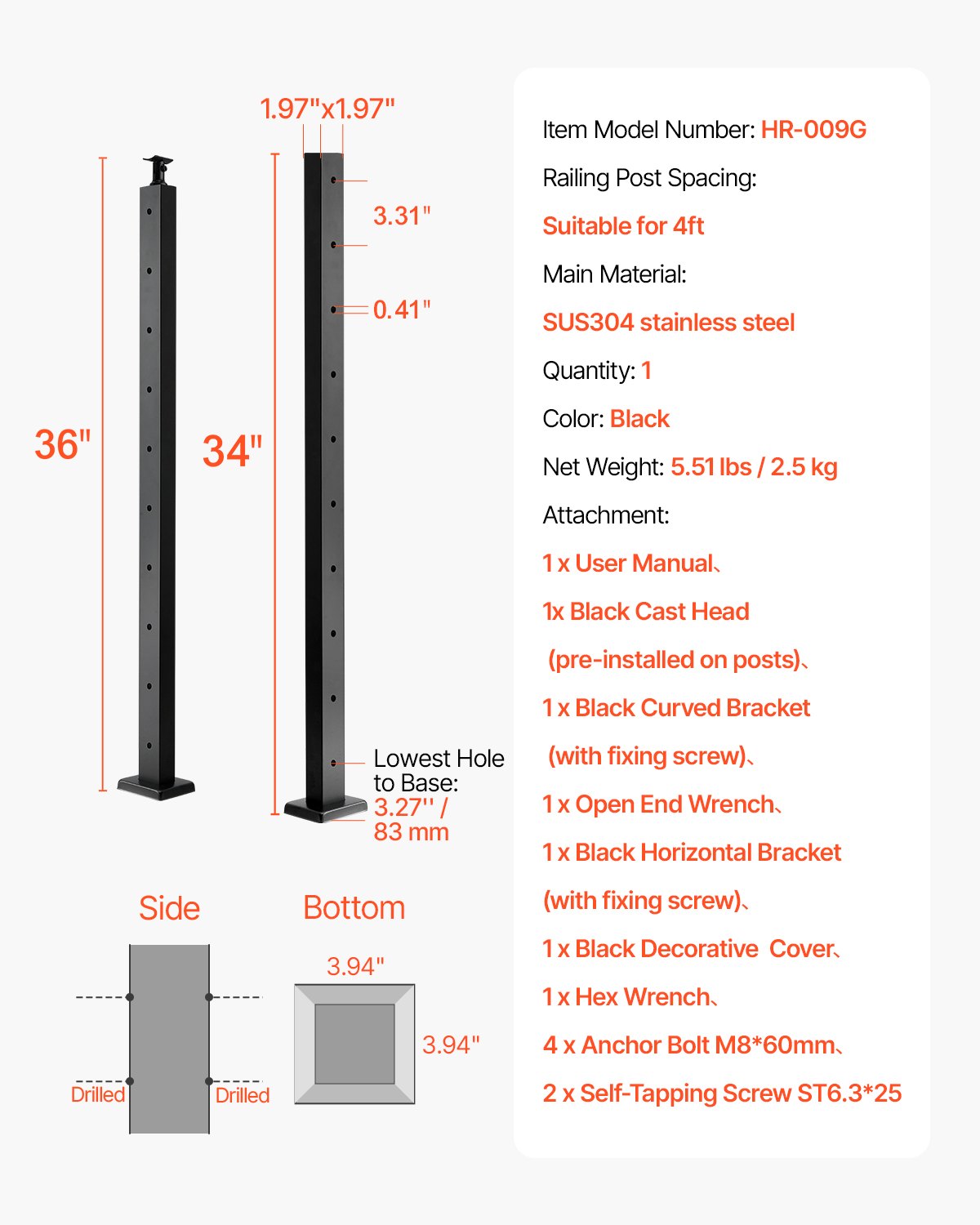 1-Pack Cable Railing Post, 36x2x2 In Horizontal-Hole Deck Railing Post with Pre-Drilled Holes, Stainless Steel Cable Rail Post with Horizontal and Curved Bracket, Black, 1JZLGZXHS9148RVYS001V0