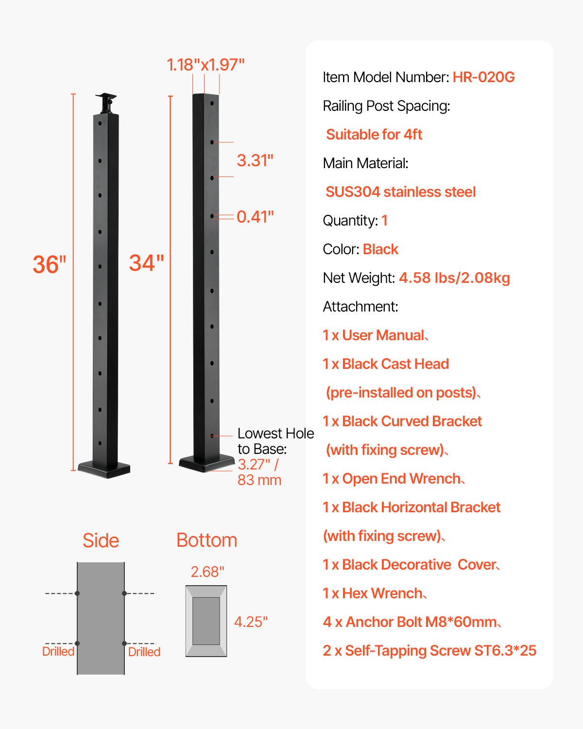 Cable Railing Post, 36x1x2 Inch Level Deck Stair Posts, 1-Pack Stainless Steel Cable Handrail Post, Pre-Drilled Pickets with Mounting Bracket Stair Railing Kit, Black, 1JZLGZXHS914LZA6X001V0