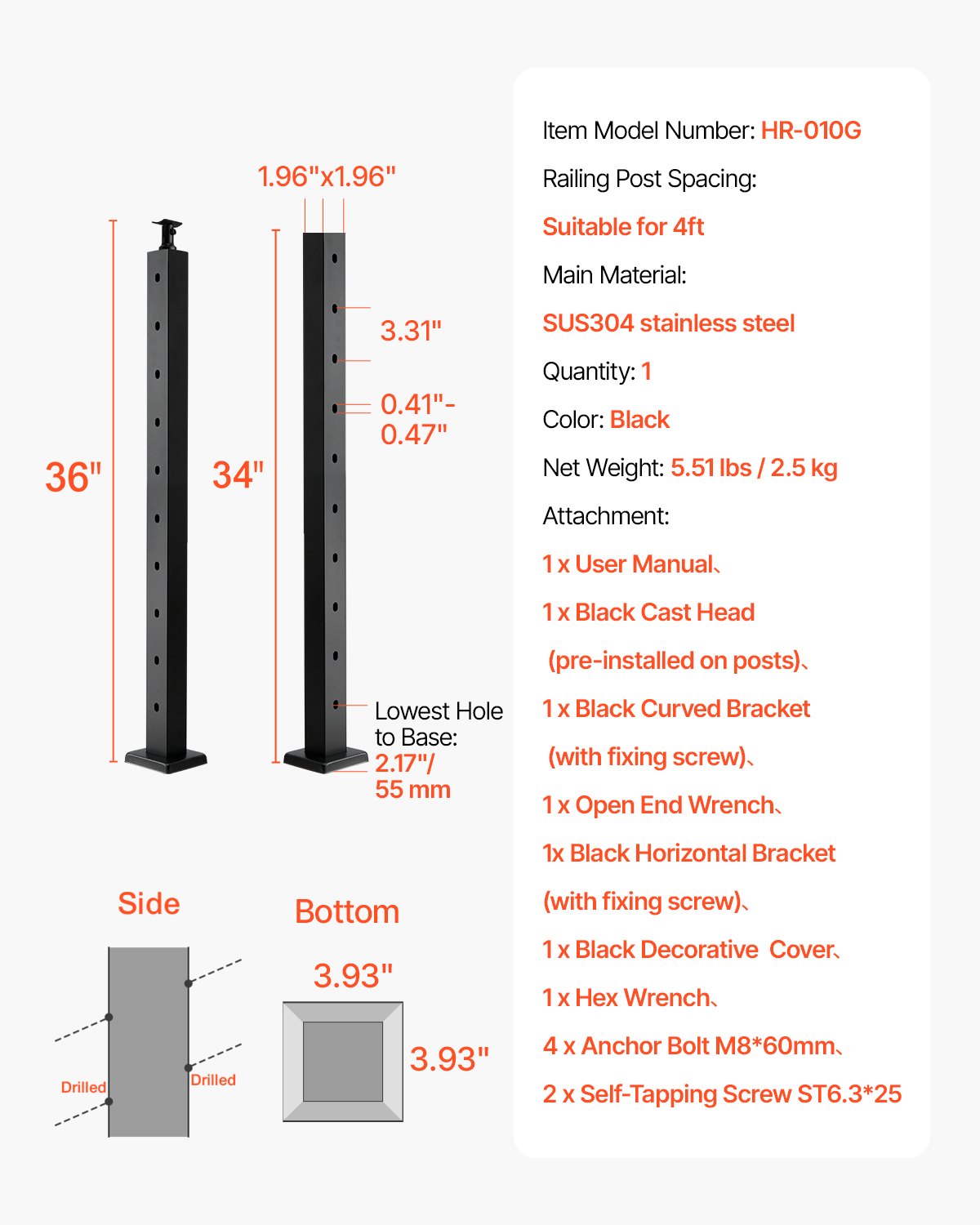 Cable Railing Post, 36x2x2 Inch Stair Railing Post, with Pre-Drilled 30° Angled Holes, Stainless Steel Cable Rail Post with Horizontal and Curved Bracket, 1-Pack, Black, 1JZLGZXHS914YIVIS001V0
