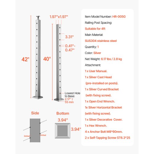 Cable Railing Post 42x2x2 inch with 30° Angled Holes 1JZLGZXYS1062TLWC001V0 | EU