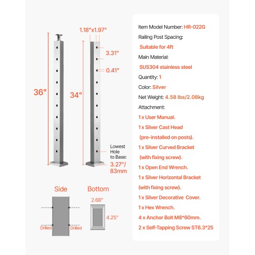 Cable Railing Post 36x1x2 inch Pre-drilled Post 1JZLGZXYS914I4BDB001V0