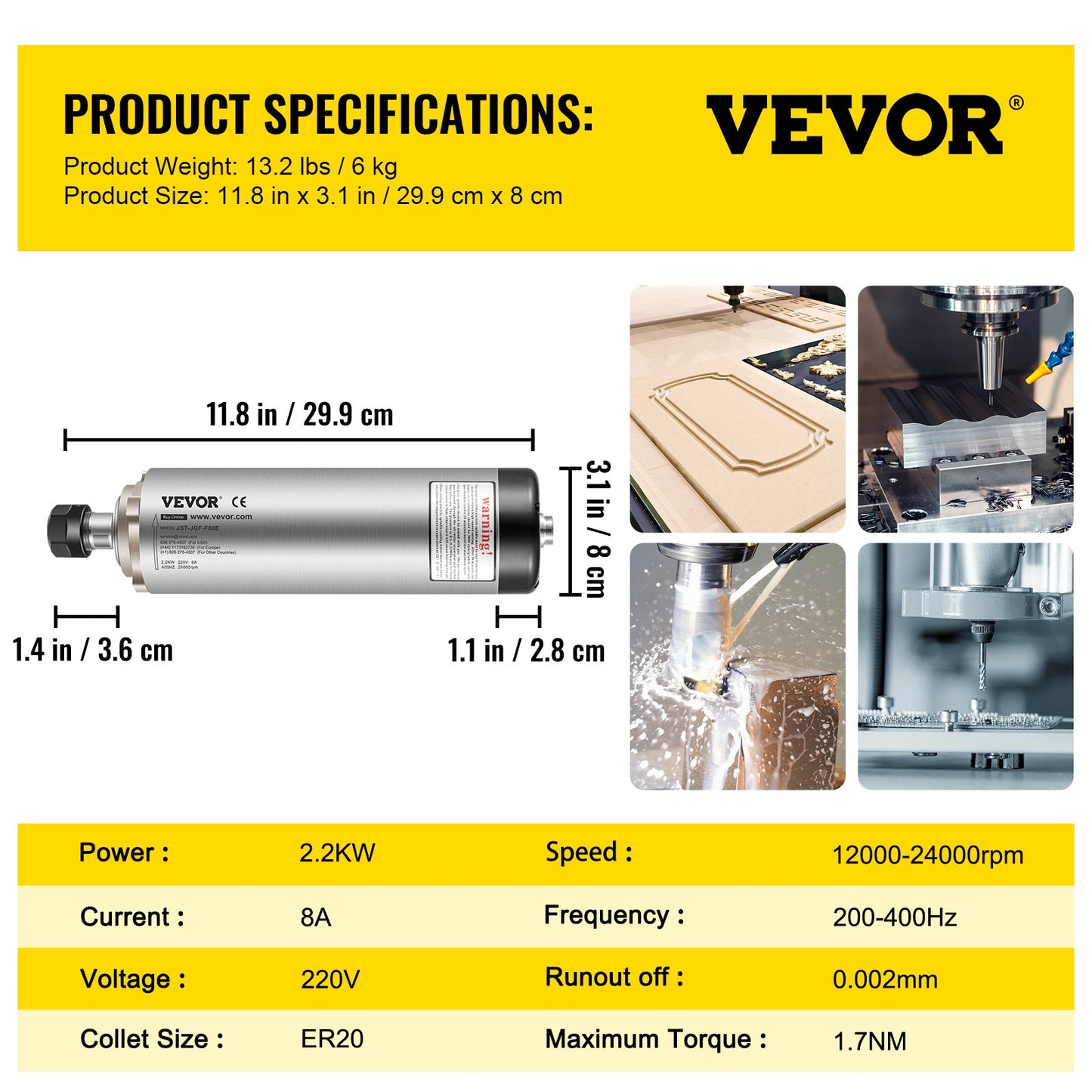 Air Cooled Spindle Motor ER20 CNC Spindle Milling Motor 2.2KW Spindle Motor 24000 RPM 400 Hz for CNC Router Engraving Milling Grind Machine(220V)