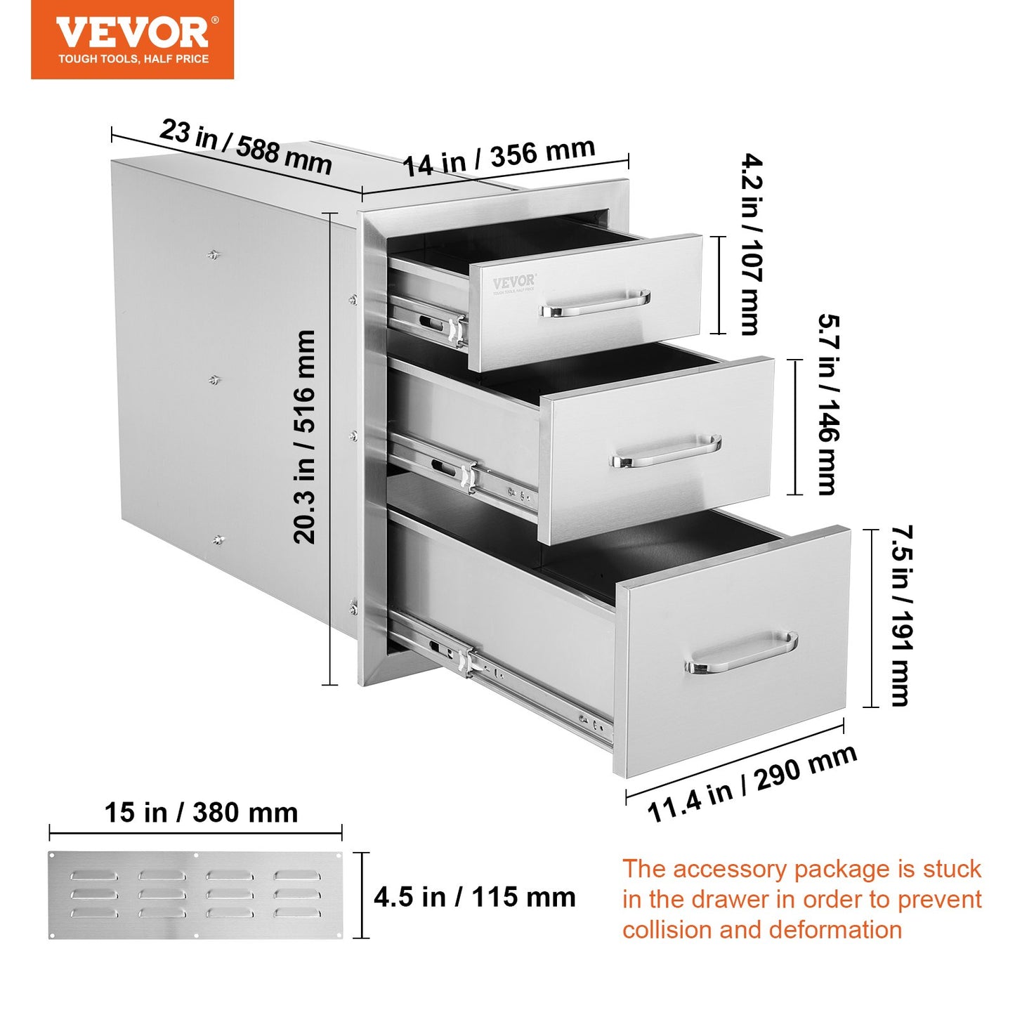 Outdoor Kitchen Drawers 14" W x 20.3" H x 23" D, Flush Mount Triple Access BBQ Drawers Stainless Steel with Handle, BBQ Island Drawers for Outdoor Kitchens or Patio Grill Station