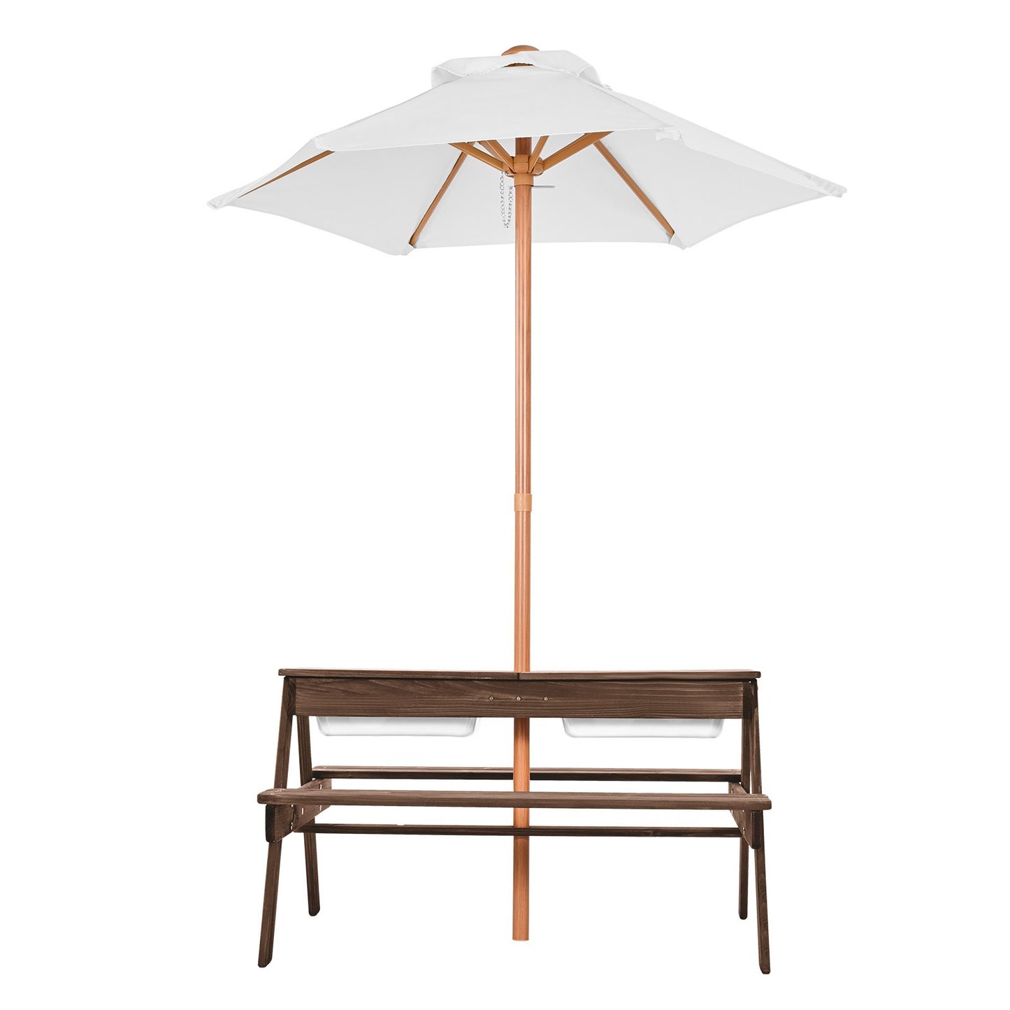 Kids Picnic Table with Umbrella, 3-in-1 Sand & Water Table, Outdoor Wooden Table and Bench Set with 2 Trays, 4-People Patio Dining Furniture for Garden, Backyard and Porch (Walnut)