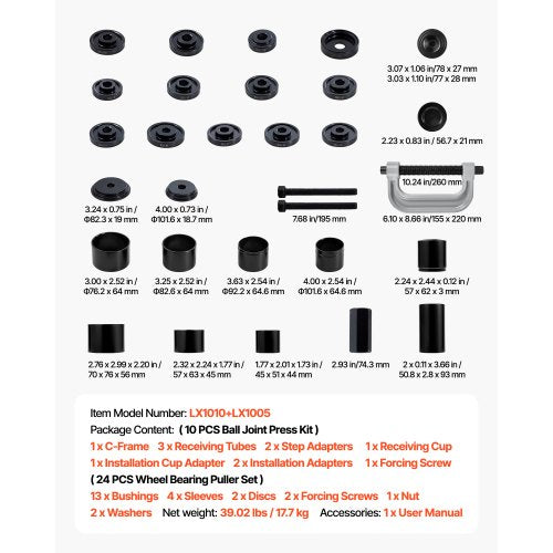 Lagerpresssats, 10+24 delar, 2-i-1 Kulledspress och Hjullagersavdragarsats, Race- och Tätningsdrivarsats med 13 bussningar, C-ram och hylsor, Kraftigt Demonterings- och Monteringssats med Väska | EU
