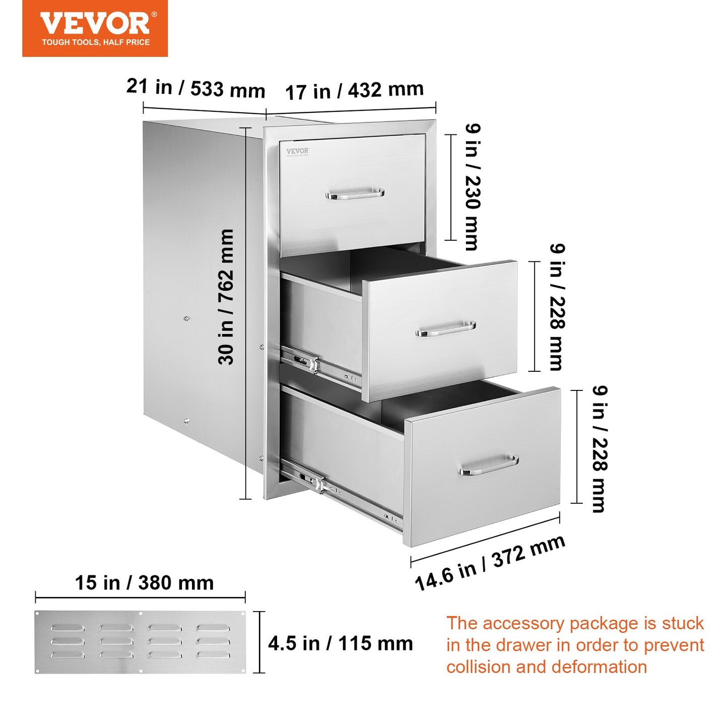 17W x 30H x 21D Inch Outdoor Kitchen Stainless Steel Double Access Drawers with Paper Towel Holder Combo for BBQ Island or Grill Station