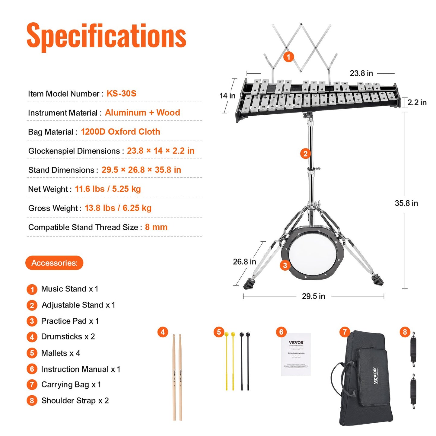 30 Note Glockenspiel Xylophone Bell Kit, Professional Percussion Instrument Set with Mallets, Drum Sticks, Music Stand, 8" Practice Pad, Adjustable Stand and Carrying Bag for Students & Adults