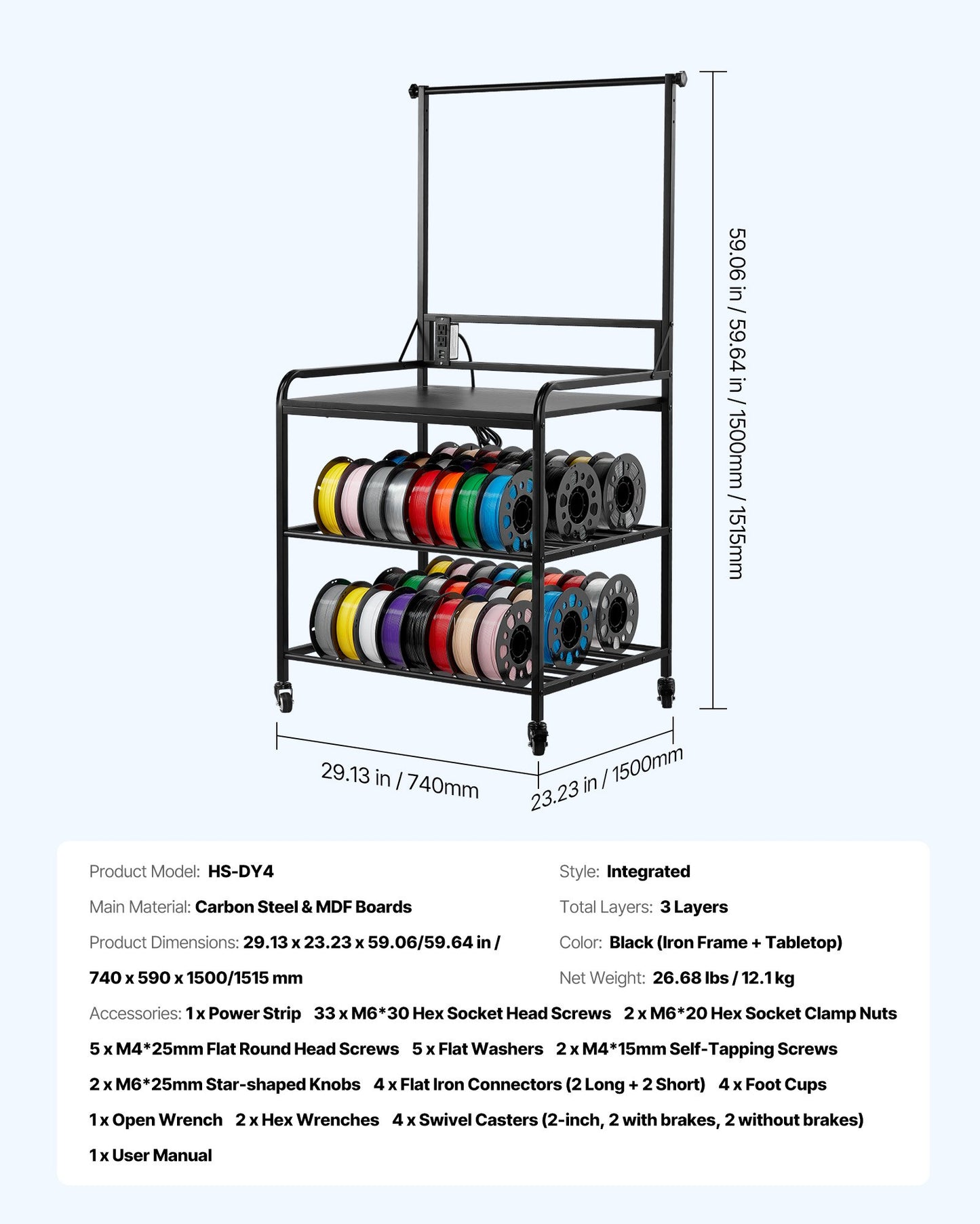 3D Printer Filament Storage Rack, 3-Tier 3D Printer Stand with Filament Storage, Spools Holder Racks Cart with Wheels, Filaments Organzied for 3D Printing Station, Office, Workshop (Shelf Only)
