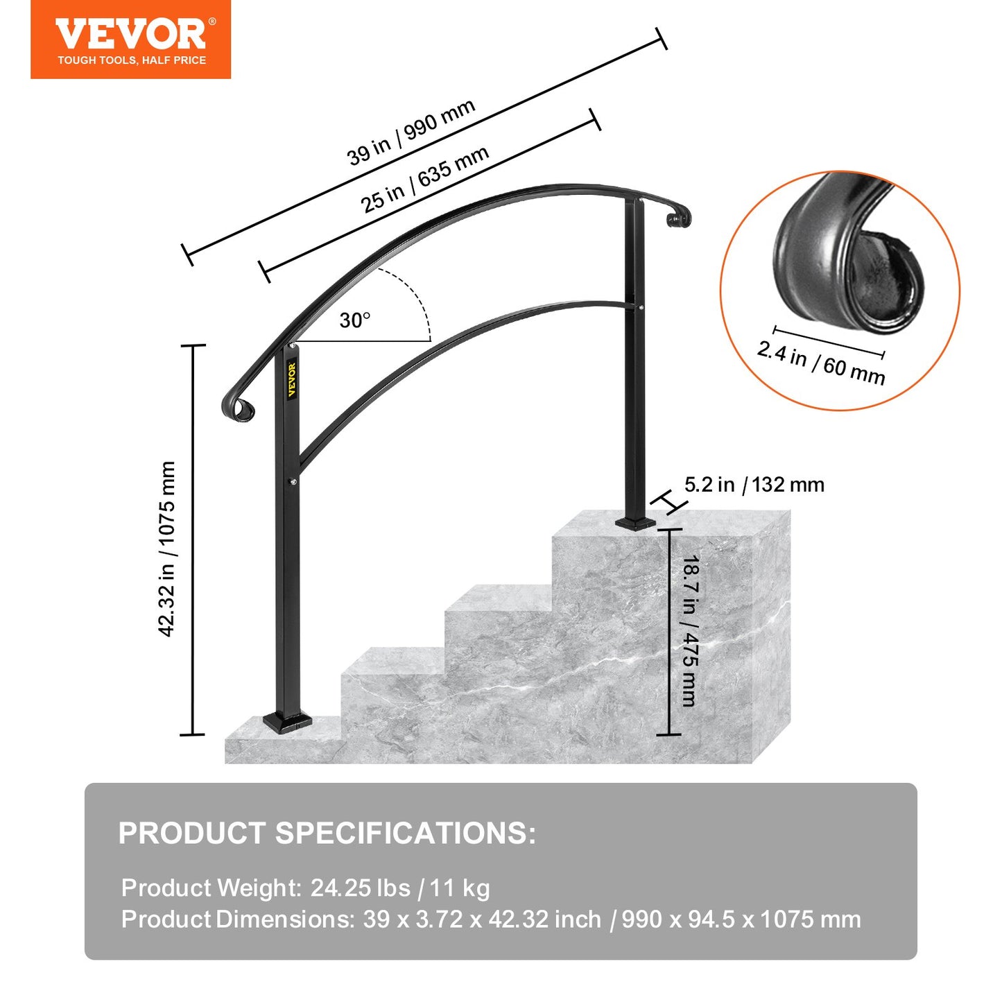 Handrails for Outdoor Steps, Fit 1 or 3 Steps Outdoor Stair Railing, Black Wrought Iron Handrail, Flexible Front Porch Hand Rail, Transitional Handrails for Concrete Steps or Wooden Stairs