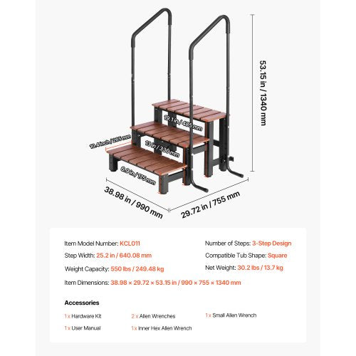 Steg för bubbelpool med ledstång, 3-stegs spa-trappa för utomhusbruk, kraftig 640,1 mm bred ovanmarks-/uppblåsbar poolstege med 249,5 kg viktkapacitet, mångsidig för veranda, uteplats, däck, husvagnar | EU