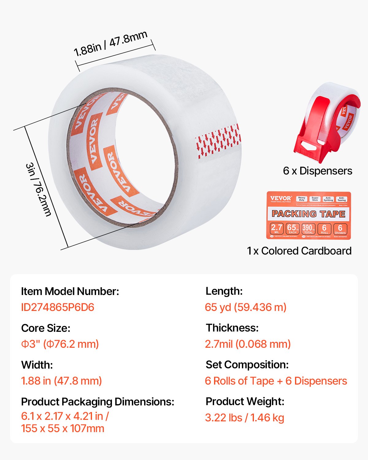 Clear Packing Tape, 3 inches Core, 6 Rolls 1.88 Inches x 65 Yards Packing Tape with Dispenser, 2.7 Mil Heavy Duty Packaging Tape Designed for Moving, Storage and Packing, Shipping and Mailing