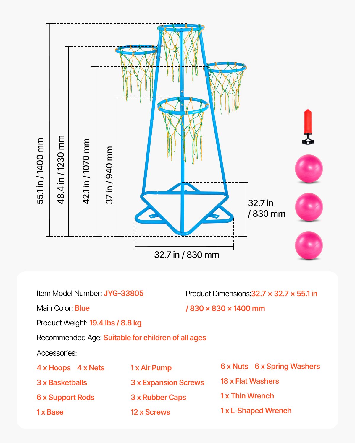 Kids Basketball Hoop, 4-Hoop Child Basketball Hoops, Portable Basketball Stand with Adjustable Heights and 3 Balls, Indoor and Outdoor Basketball Toy Set for Children of All Ages, Boys & Girls
