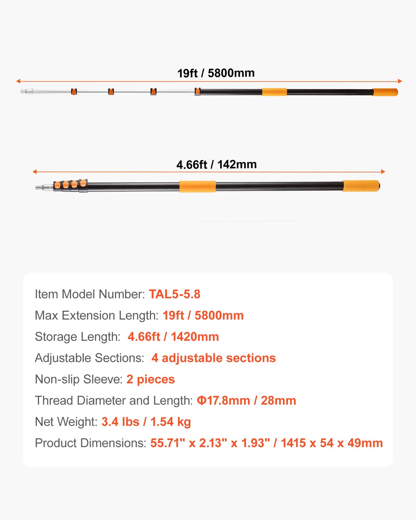 Telescopic Extension Pole, 4.66-19 FT Multi-Purpose Extendable Pole, Sturdy Aluminum Alloy Paint Pole Extension with Flip-Lock Design, High Reach Roller Stick for Painting, Dusting and Cleaning