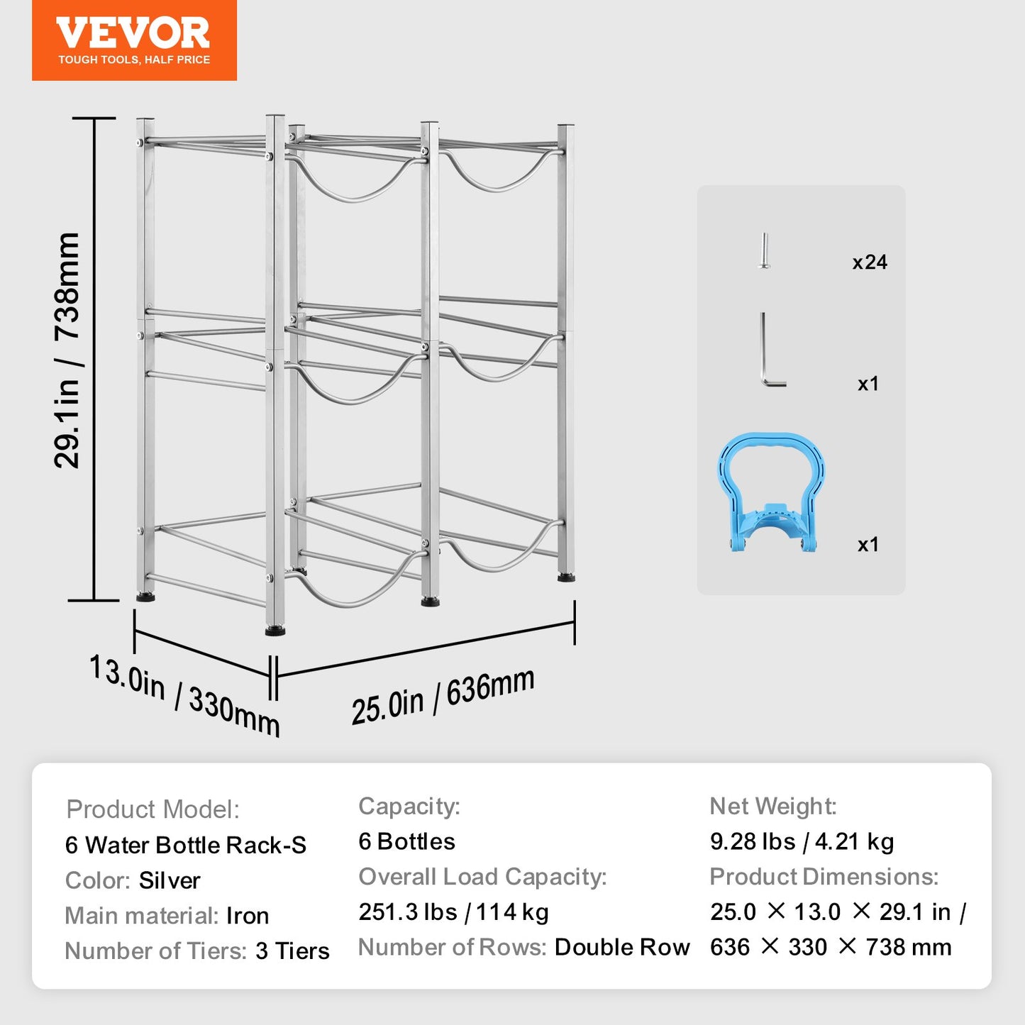 3 Tiers Water Jug Holder, 5 Gallon Water Bottle Holder, Double Row Water Bottle Rack for 6 Bottles, Heavy Duty Water Jug Rack for Kitchen, Office, Living Room, Silver