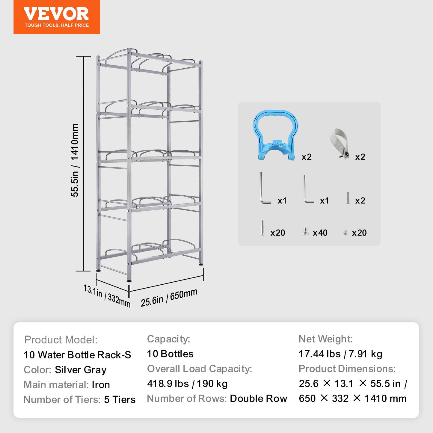 5-Tier Water Jug Holder Double Row Water Jug Rack 10 Bottles Silver Gray