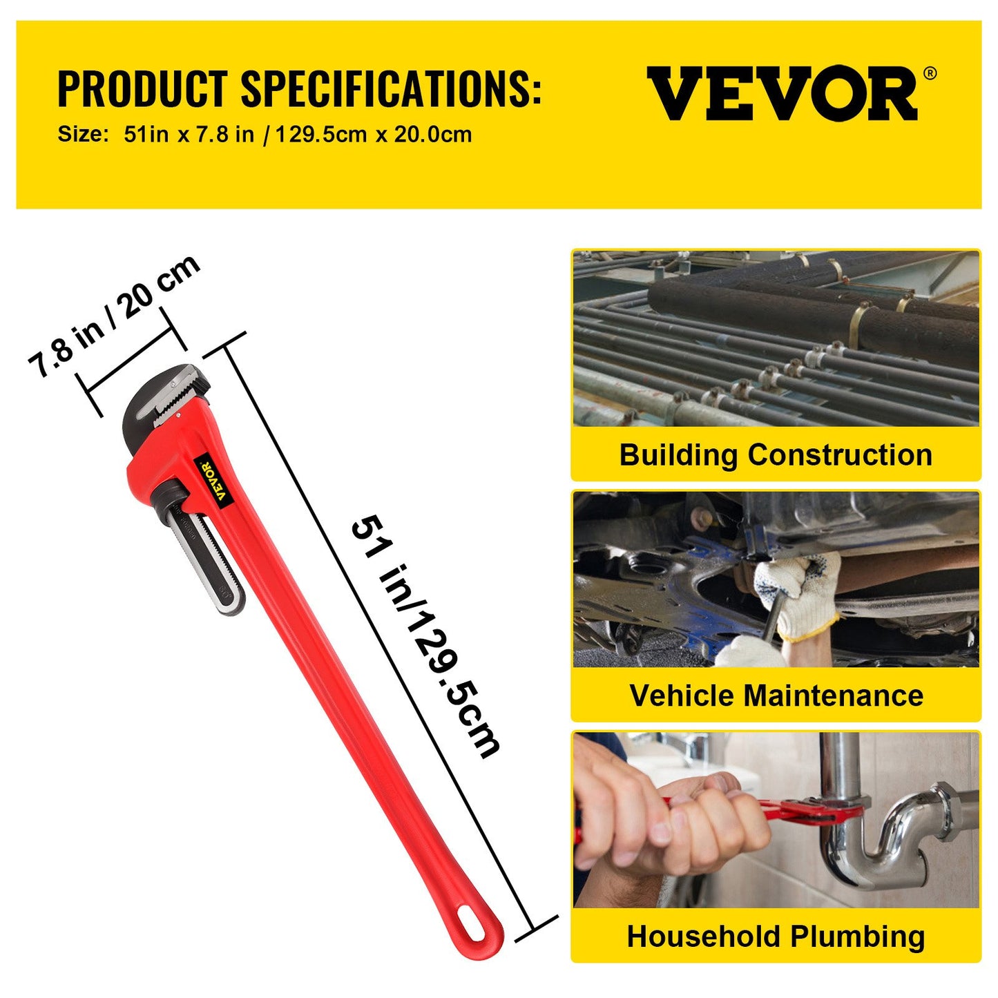 51" Cast Iron Handle Heavy-Duty Hook Jaw Straight Pipe Wrench