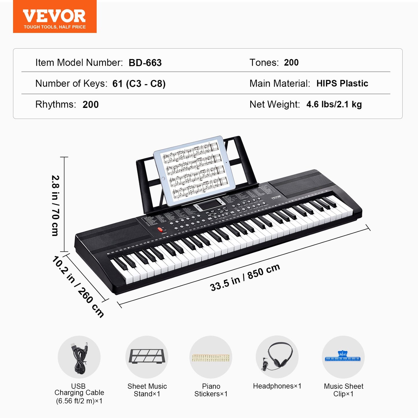 61 Key Digital Keyboard Piano, 200 Tones 200 Rhythms, Electric Portable Piano Keyboard Kit with 60 Demo Songs Built-In Dual Speakers Headphones, Piano Stickers for Beginners Learning