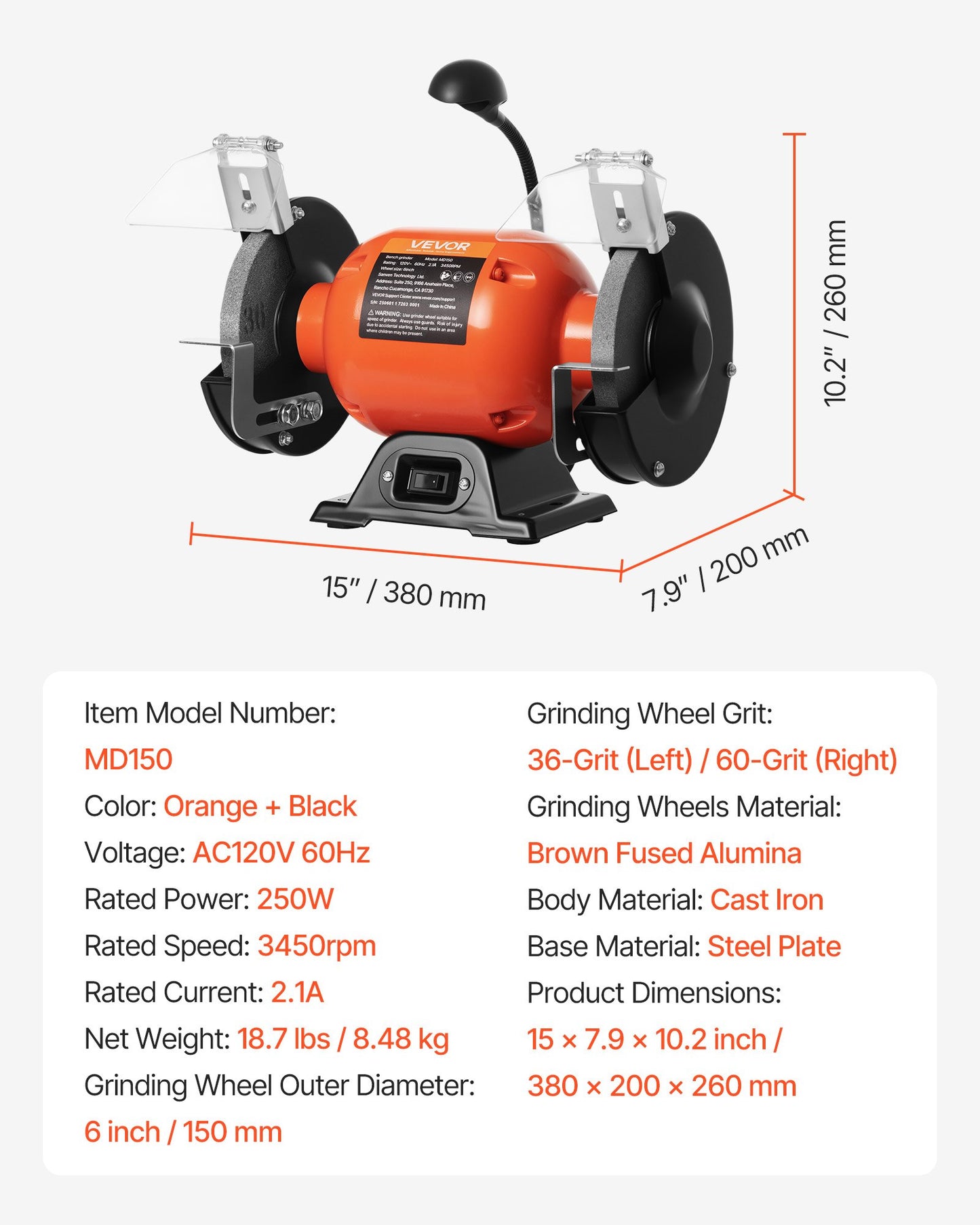Bench Grinder, 6-inch Single Speed Bench Grinder, 3450RPM High-Speed Table Grinders with 250W 2.1A Induction Motor, 36/60-Grit Grinding Wheels & LED Work Light for Fast Sharpening Grinding