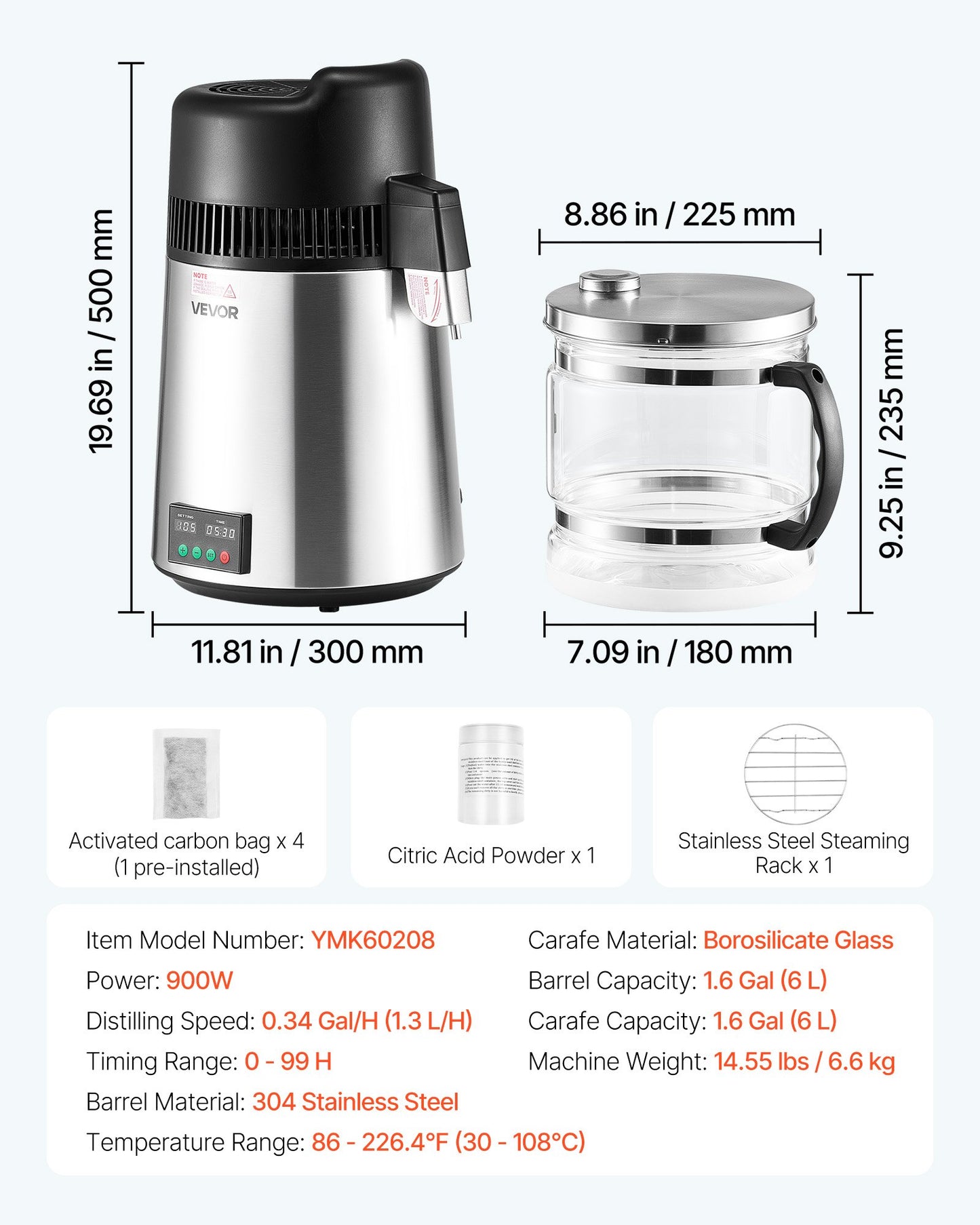 Water Distiller, 6L 1.6 Gallon Larger Pure Water Purifier Filter For Home Table Countertop, 900W Glass Pot Distilled Maker, Stainless Steel Interior Drinking Machine to Make Clean Waters, Silver