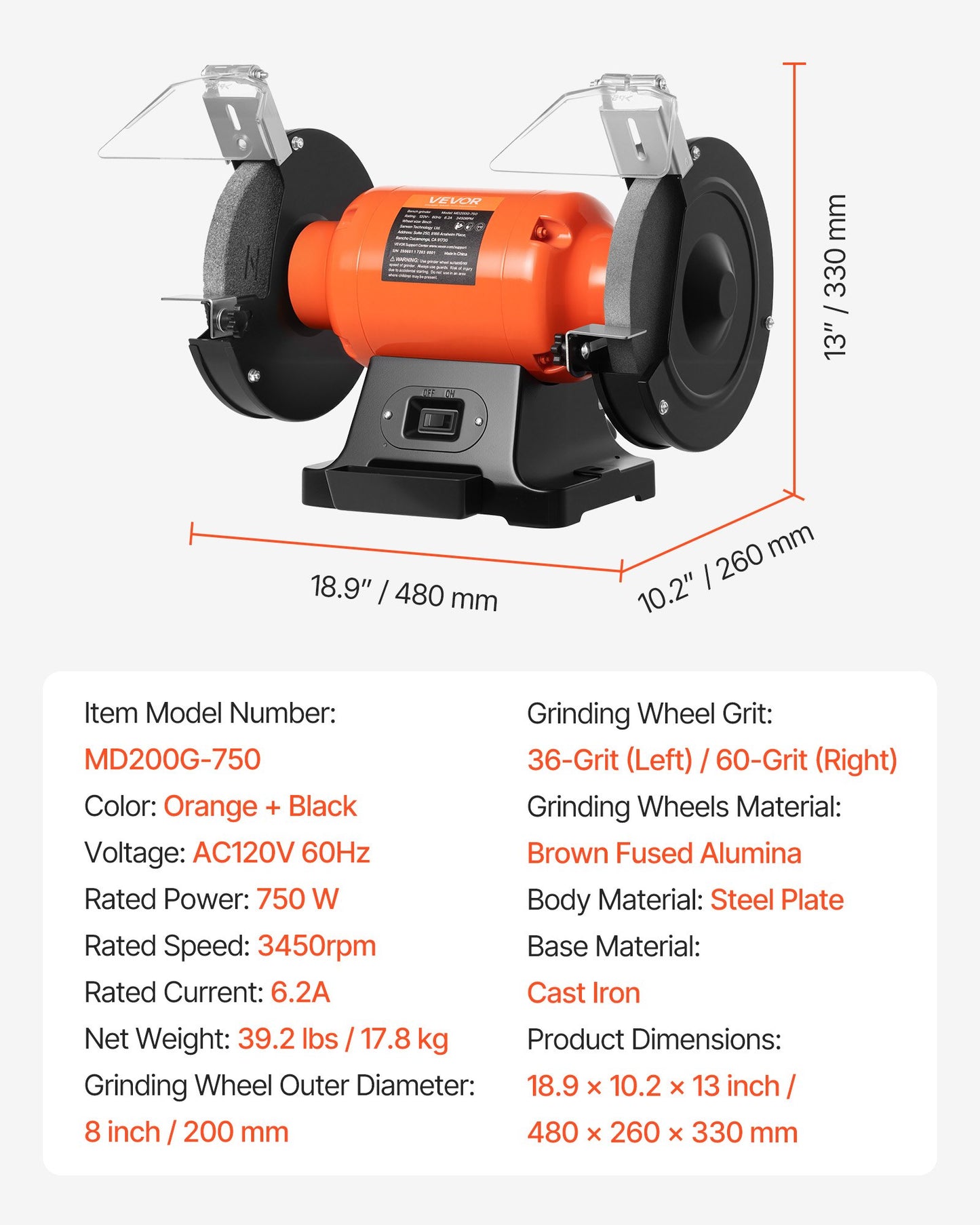 Bench Grinder, 8-inch Single Speed Bench Grinder, 3450RPM High-Speed Table Grinders with 750W 6.2A Induction Motor, 36/60-Grit Grinding Wheel & Adjustable Eye Shield for Fast Sharpening Grinding