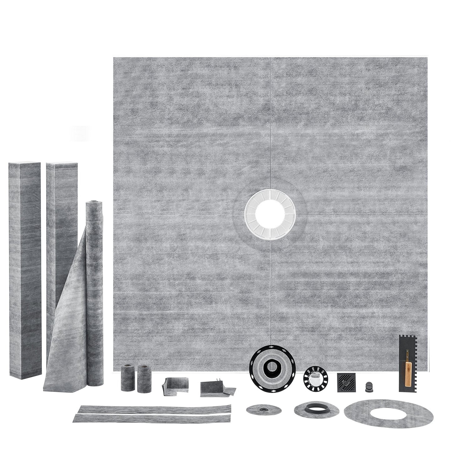 Shower Curb Kit, 72"x72" Shower Pan Kit with 2" ABS Central Flange, 4" Stainless Steel Grate, Waterproof Shower Curb & Membrane & Strip, Shower Pan Slope Sticks Fit for Bathroom