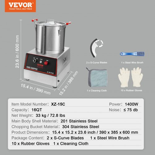Food Processor Vegetable Chopper 1400W 16 Quarts Stainless Steel Blender | EU
