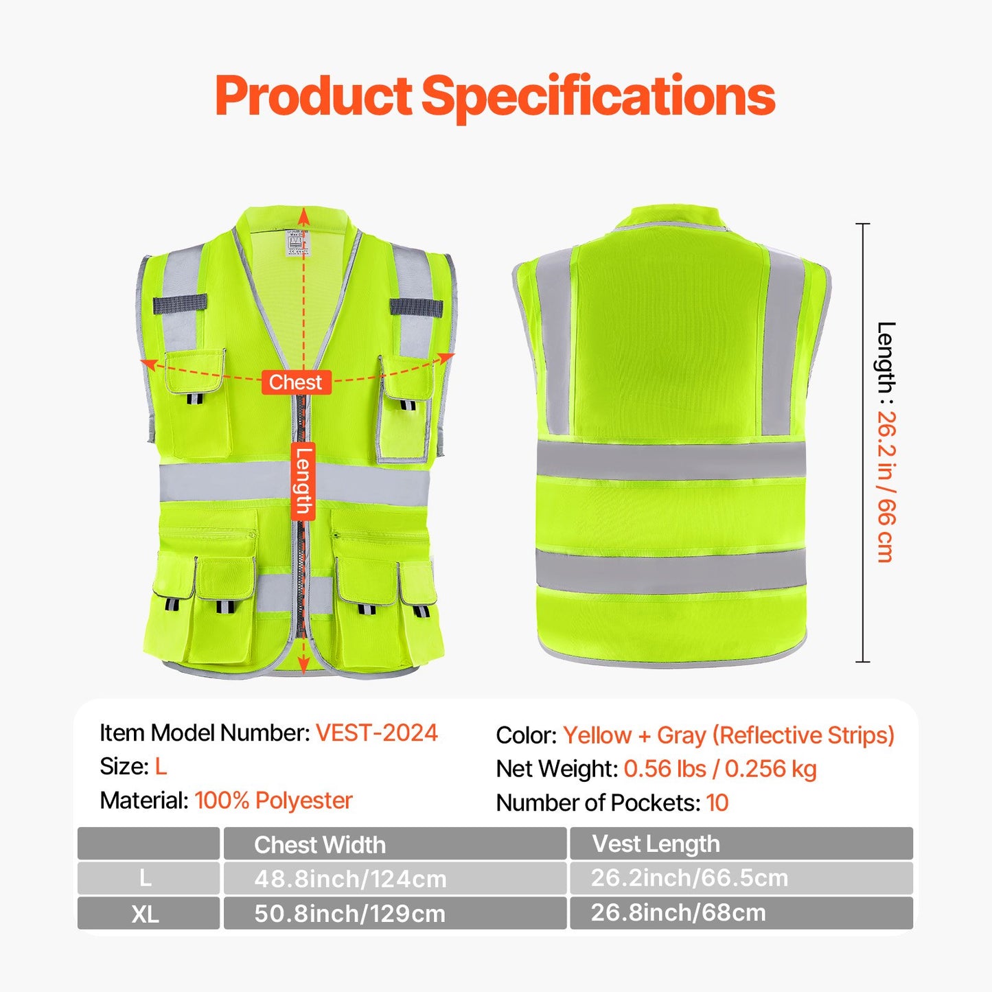 Safety Vest, 10 Pockets Yellow Safety Vest, High Visibility Zipper Front Safety Vest with Reflective Strips, Hi Vis Work Construction Vest with Pockets and Walkie-Talkie Clip, for Men & Woman