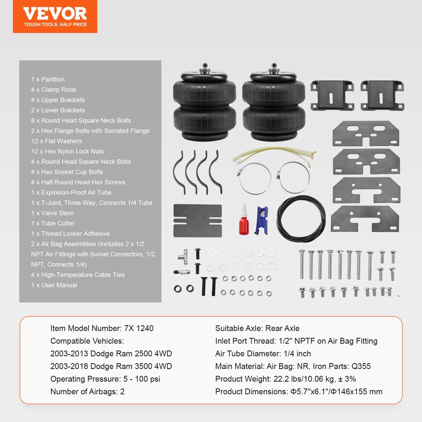 Air Bag Suspension Kit, Air Springs Suspension Bag Kit Compatible with 2003-2013 Dodge Ram 2500 4WD, 2003-2018 Dodge Ram 3500 4WD, 5000 lbs Loading, 5 to 100 PSI