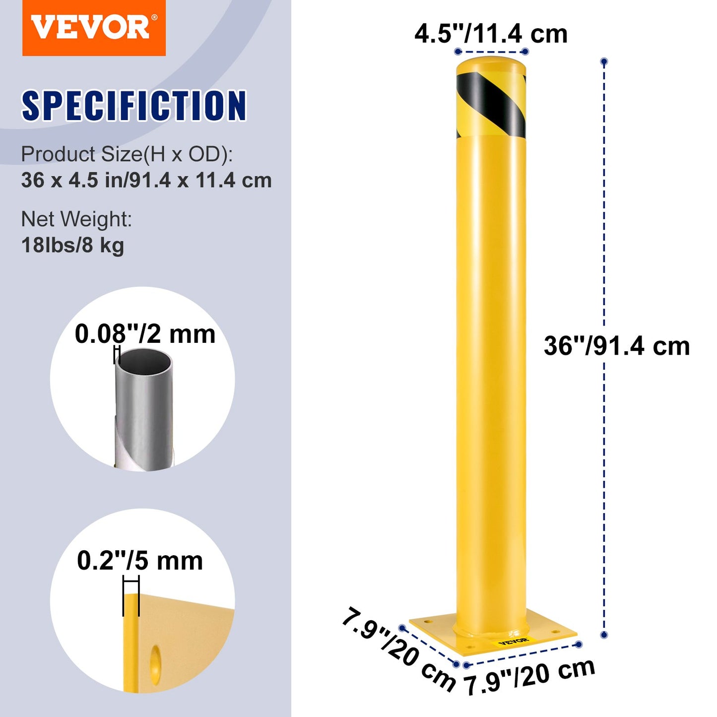 Safety Bollard Safety Barrier Bollard 4-1/2" OD 36" Height Yellow Powder Coat Pipe Steel Safety Barrier with 4 Free Anchor Bolts for Traffic-Sensitive Area