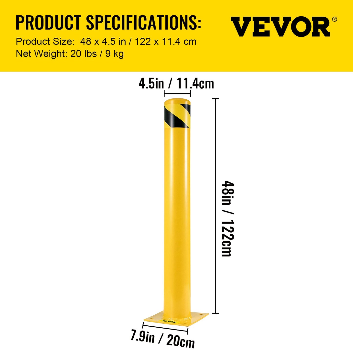 Safety Bollard 48"x4.5" Safety Barrier Bollard 4-1/2" OD 48" Height Yellow Powder Coat Pipe Steel Safety Barrier with 4 Free Anchor Bolts for Traffic-Sensitive Area