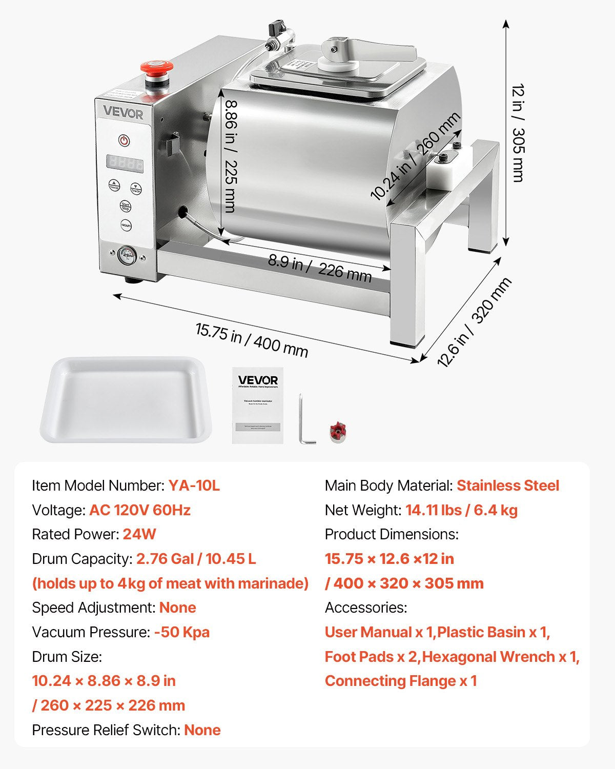 Meat Tumbler Marinator, 10L Vacuum Tumbler Marinating Machine with Automatic Bidirectional Rotation, Stainless Steel Vacuum Curing Machine for Chicken Steak Pork, Home & Commercial Use