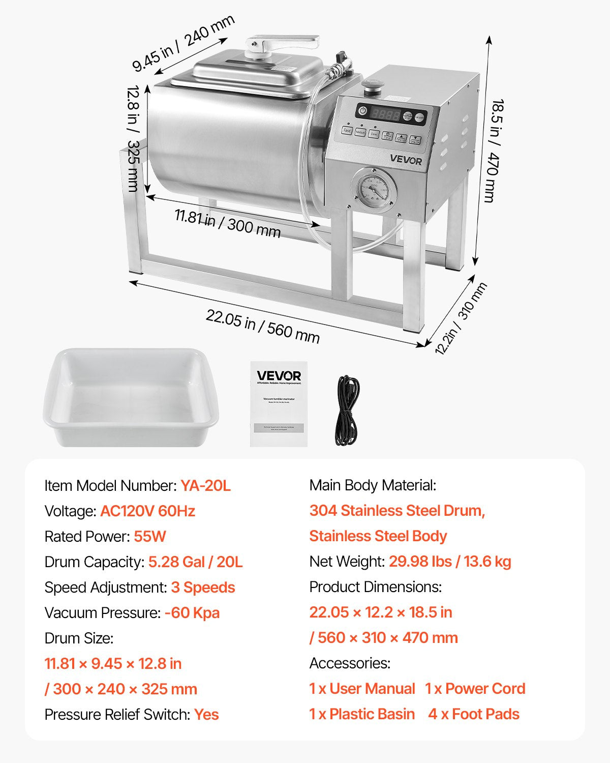Commercial Meat Tumbler Marinator, 20L Vacuum Tumbler Marinating Machine with Bidirectional Rotation and 3-Speed, Stainless Steel Vacuum Curing Machine for Chicken Steak Pork, Restaurant