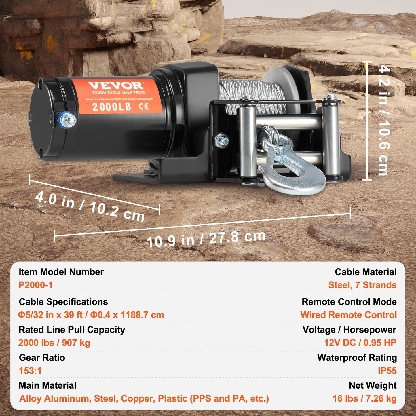 Electric Winch, 2000 lb Line Pull Capacity, 12V DC ATV/UTV Winch with Φ5/32 in x 39 ft 7 Strands Steel Cable Roller Fairlead Wired Remote Control, IP55 Waterproof for Towing UTV ATV Off-Road