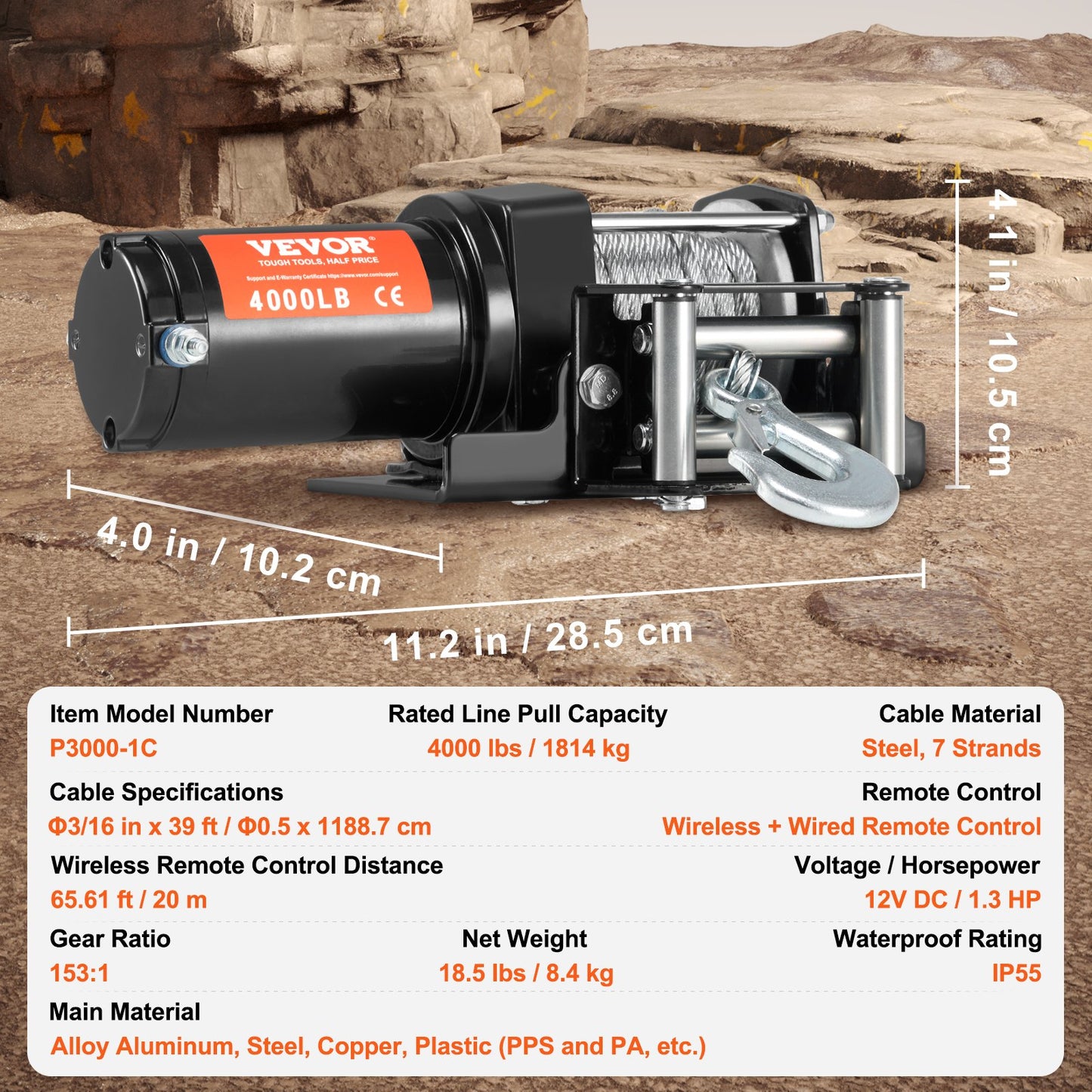 Electric Winch ATV UTV 4000 lb Steel Cable IP55 Waterproof Remote Control