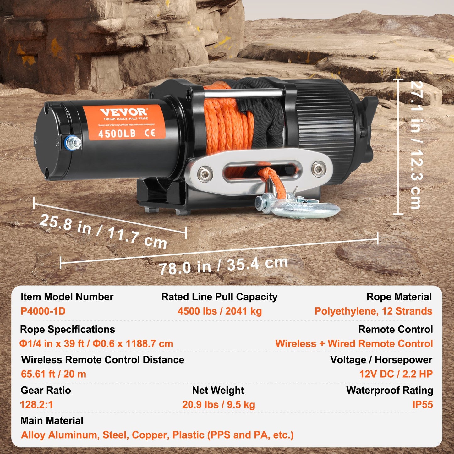 Electric Winch, 4500 lb Line Pull Capacity, 12V DC ATV/UTV Winch with Φ1/4 in x 39 ft 12 Strands Synthetic Rope Aluminum Fairlead Wireless & Wired Remote Control, IP55 Waterproof for UTV ATV