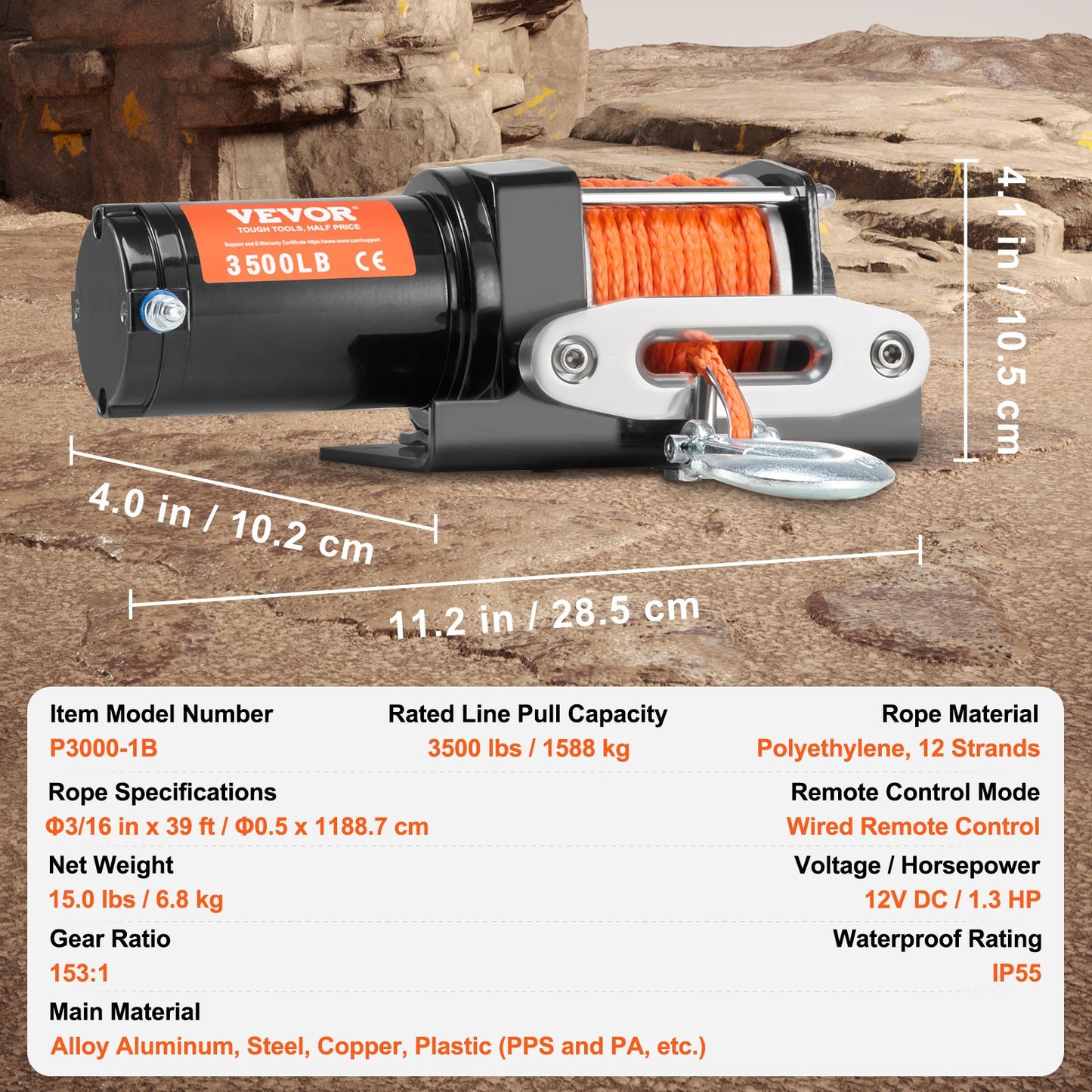 Electric Winch, 3500 lb Line Pull Capacity, 12V DC ATV/UTV Winch with Φ3/16 in x 39 ft 12 Strands Synthetic Rope Aluminum Fairlead Wired Remote Control, IP55 Waterproof for Towing UTV ATV Boat