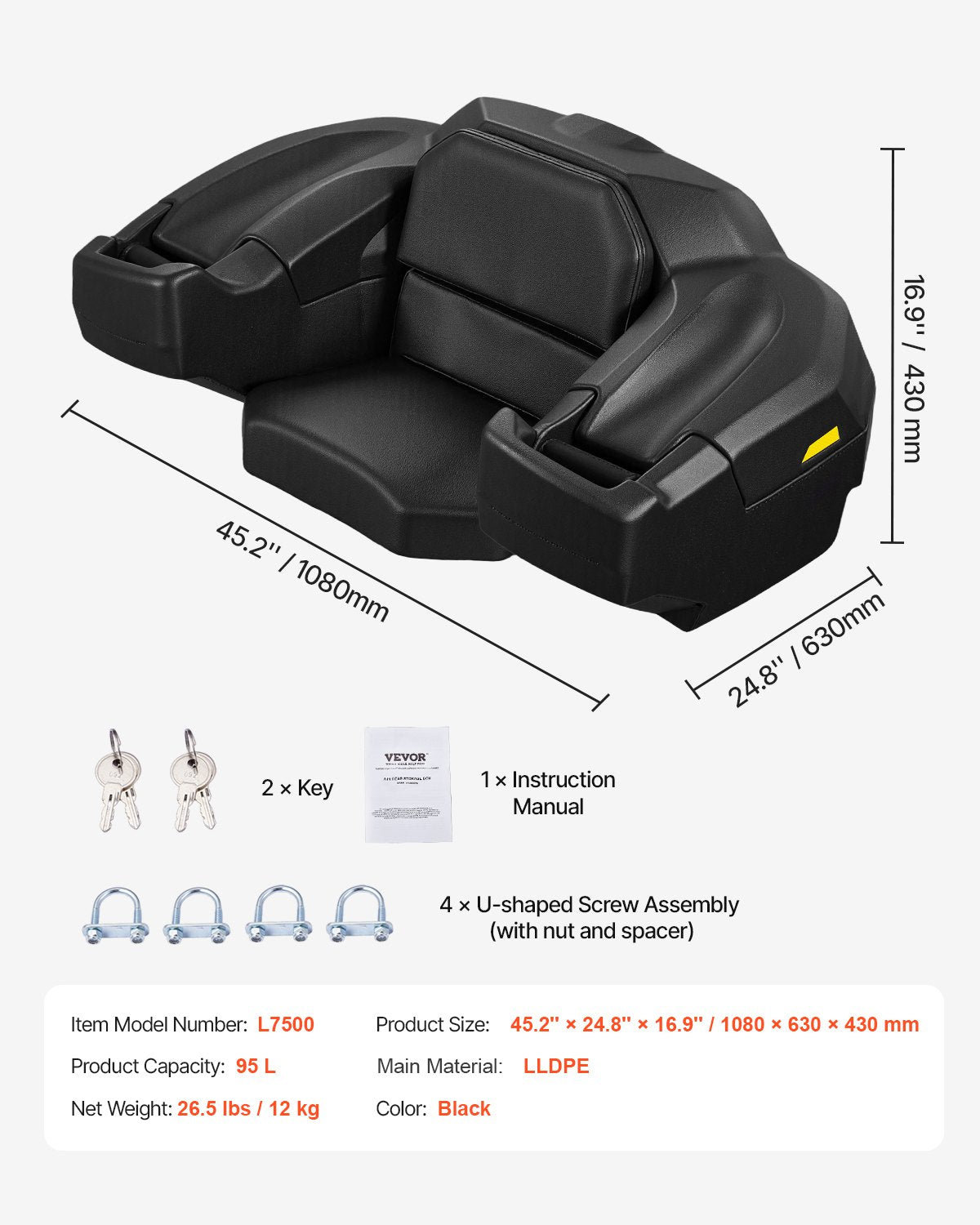 ATV Rear Storage Box and Lounger, 95L ATV Cargo Box with Seat & Backrest, Waterproof LLDPE & Lockable Lounger Storage Box Fit Most ATVs with Rear Rack, Compatible with ATV, UTV, Can-Am Vehicles