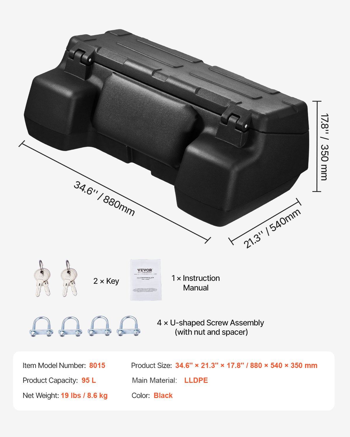 ATV Rear Storage Box, 95L ATV Rear Cargo Box with Padded Backrest, Waterproof LLDPE and Lockable Gear Storage Box Fit Most ATVs with Rear Rack, Compatible with ATV, UTV, Can-Am Vehicles